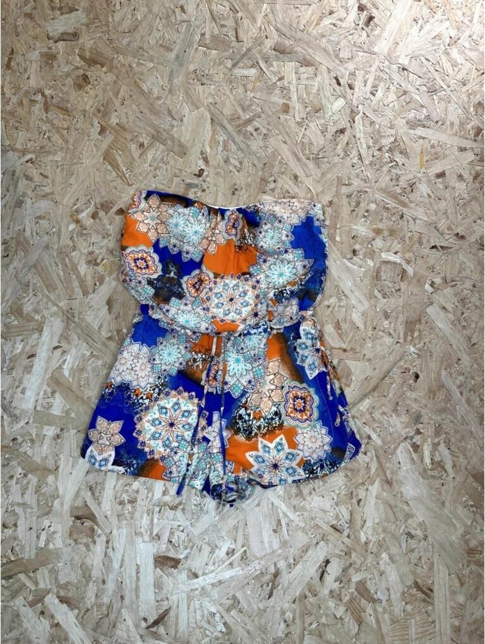 New Look Strapless Romper Womens Small Blue Orange Mandala Print Tube Jumpsuit